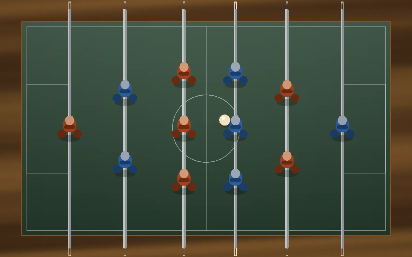 Terrain de baby-foot vu de dessus avec ses six barres et la balle au centre