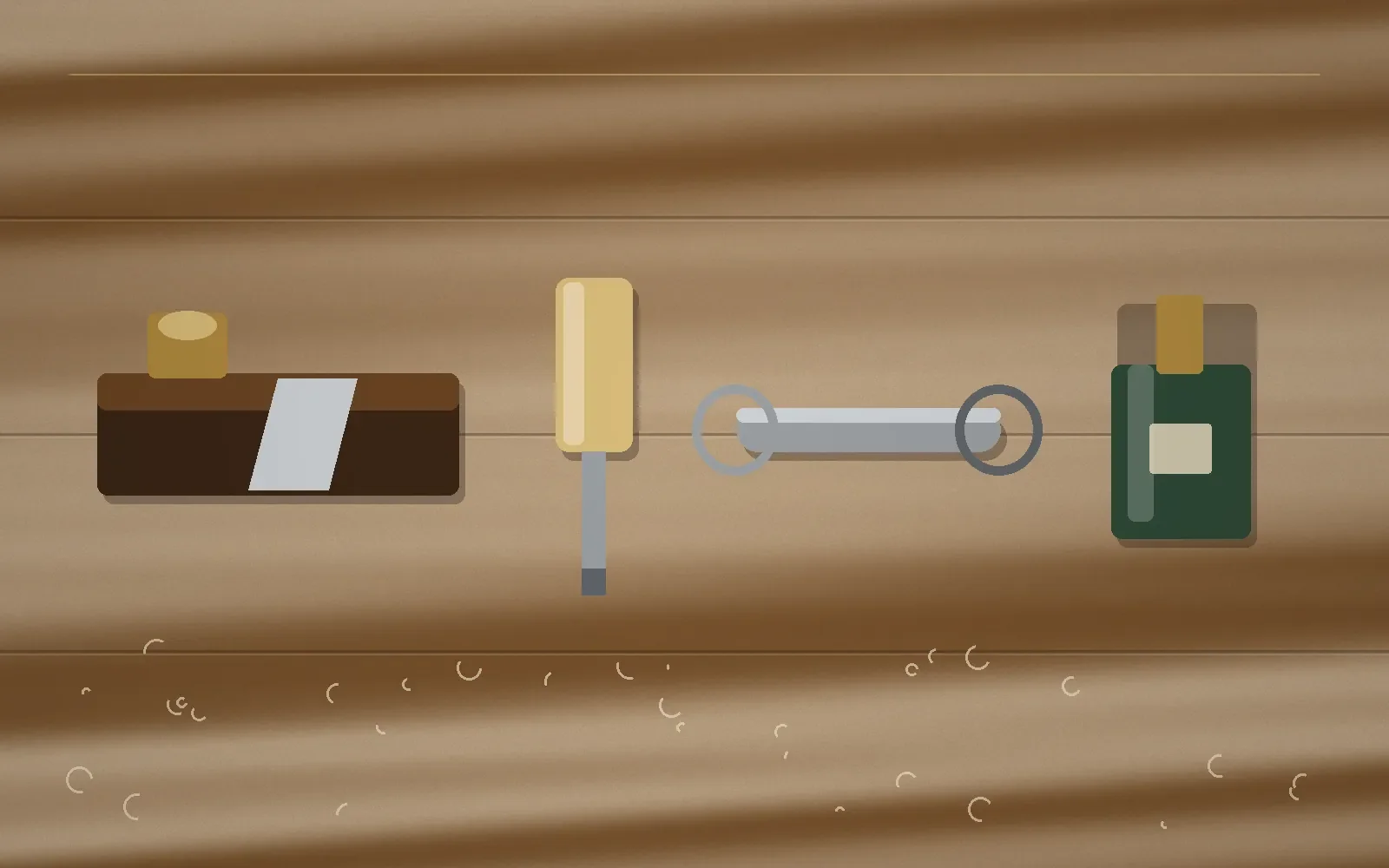 Produits et outils d'entretien posés sur un établi pour un baby-foot en bois